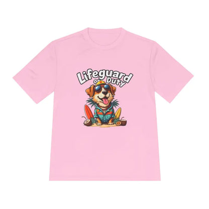 Pink lifeguard dog graphic unisex moisture-wicking tee for beach lovers