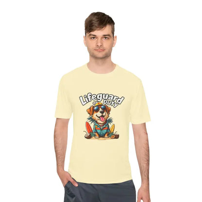 Light yellow unisex t-shirt with dog lifeguard graphic from Lifeguard Duty Dog collection