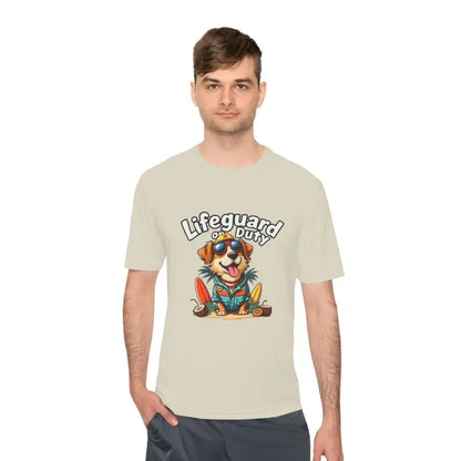 Beige lifeguard duty dog graphic unisex moisture-wicking T-shirt for beach lovers