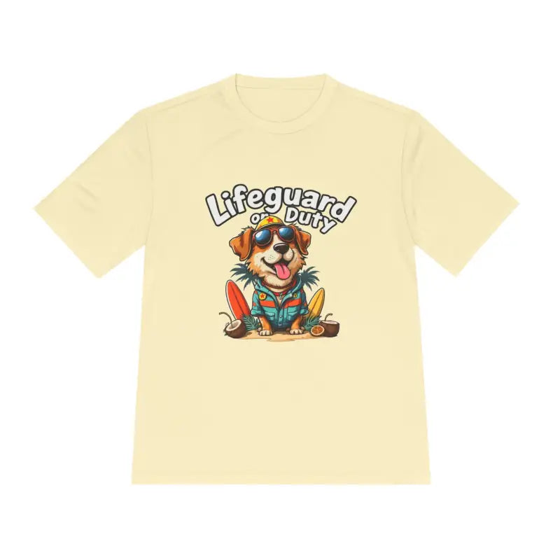 Light yellow lifeguard duty dog unisex moisture-wicking tee for beach lovers