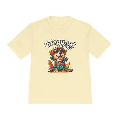 Light yellow lifeguard duty dog unisex moisture-wicking tee for beach lovers