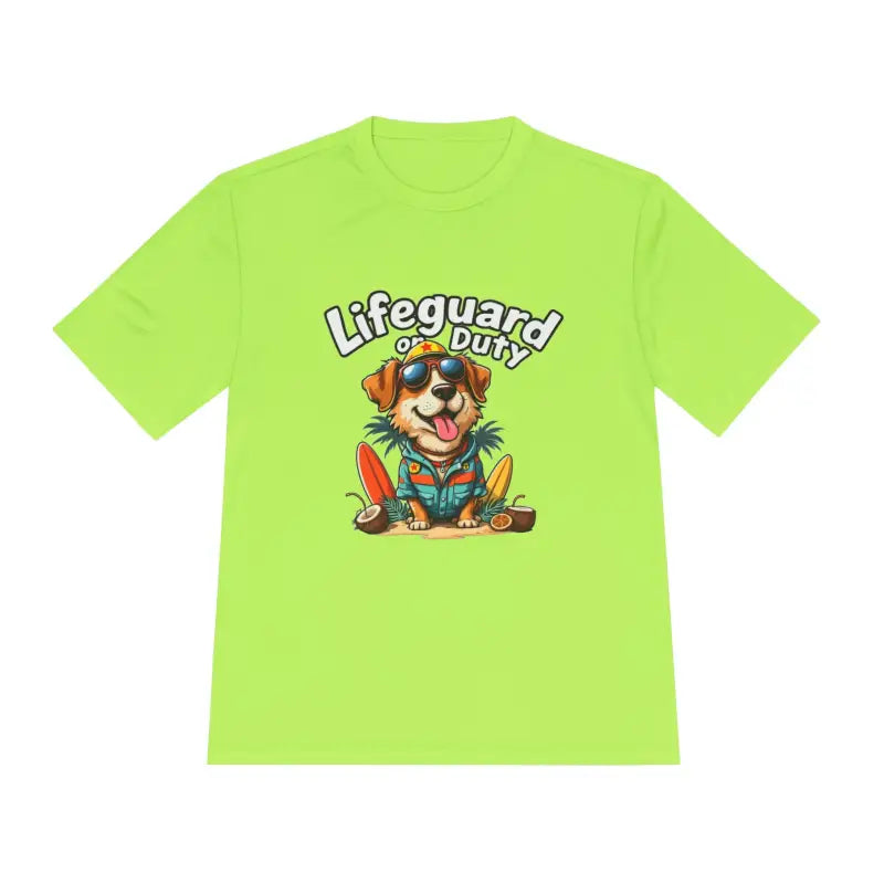 Lime green Lifeguard Duty Dog unisex moisture-wicking tee with dog lifeguard graphic