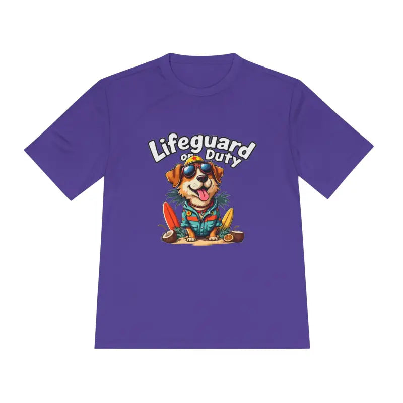 Purple lifeguard dog graphic unisex moisture-wicking T-shirt for beach lovers