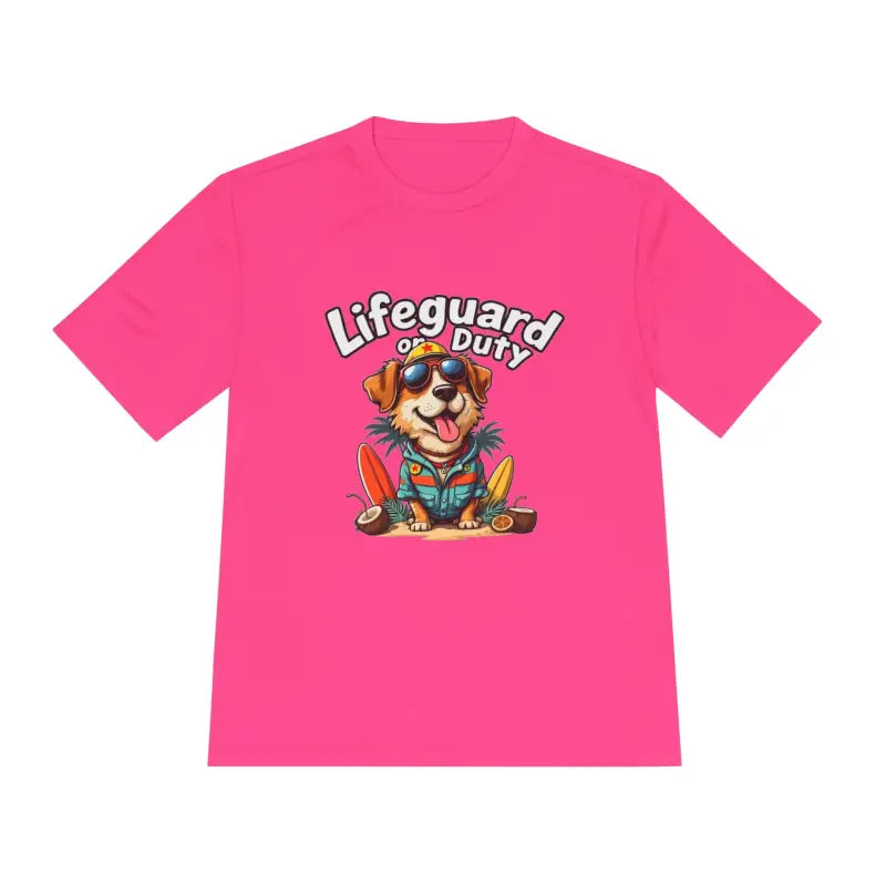 Pink lifeguard dog graphic unisex moisture-wicking T-shirt for beach lovers