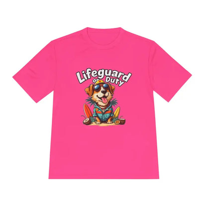 Pink lifeguard dog graphic unisex moisture-wicking T-shirt for beach lovers