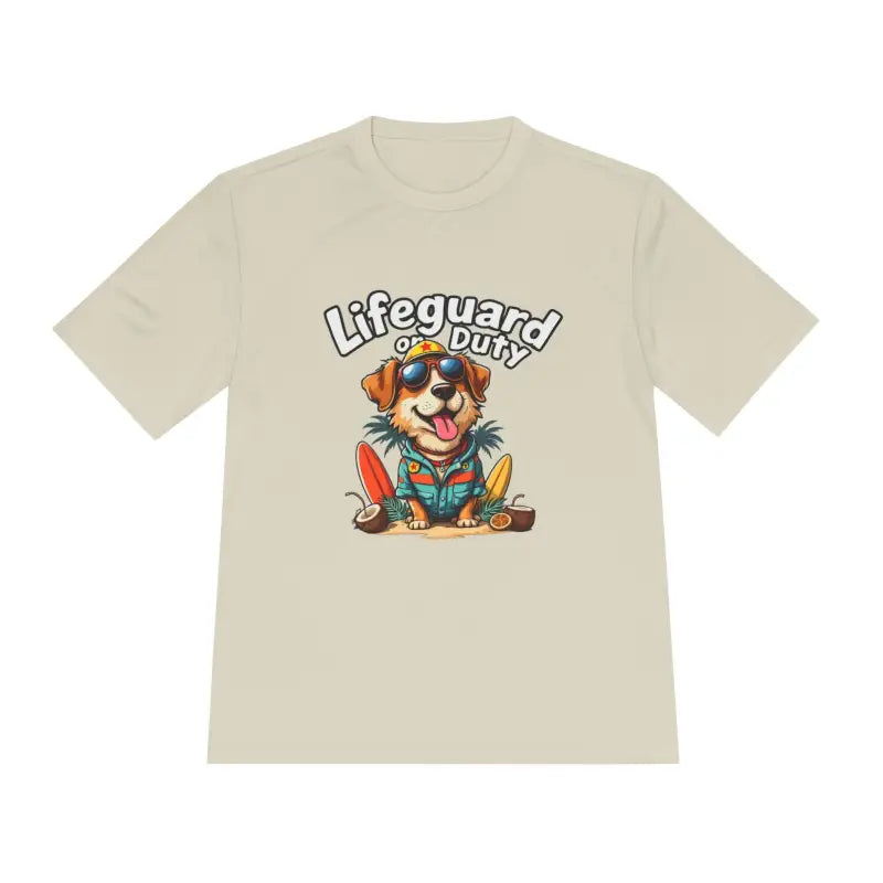 Beige lifeguard dog graphic unisex moisture-wicking T-shirt for beach lovers