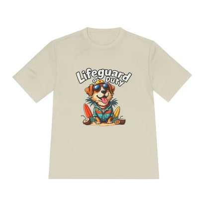 Beige lifeguard dog graphic unisex moisture-wicking T-shirt for beach lovers