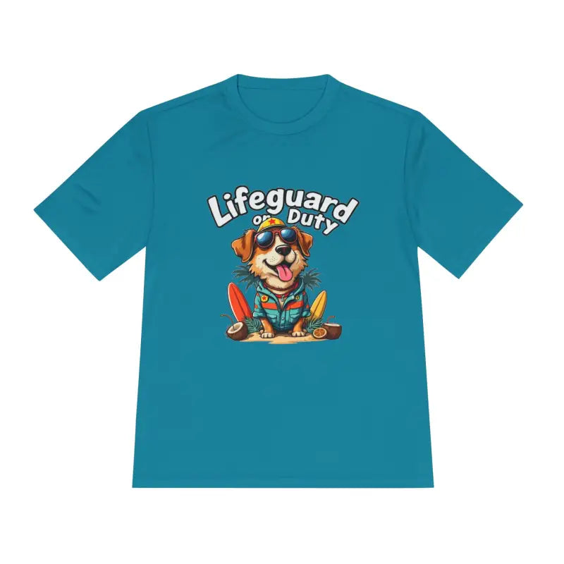 Teal Lifeguard Duty Dog Unisex Moisture Wicking Tee for Beach Lovers