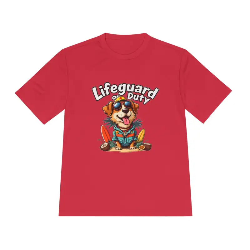 Red Lifeguard Duty Dog graphic T-shirt for beach lovers, unisex moisture-wicking tee