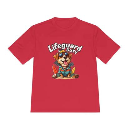 Red Lifeguard Duty Dog graphic T-shirt for beach lovers, unisex moisture-wicking tee