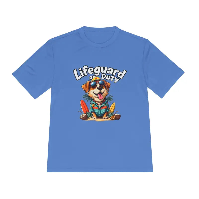 Blue lifeguard dog graphic unisex moisture-wicking T-shirt for beach lovers