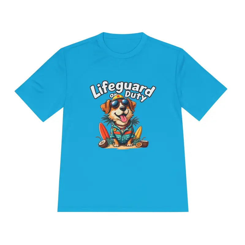 Blue lifeguard dog graphic unisex moisture-wicking T-shirt for beach lovers
