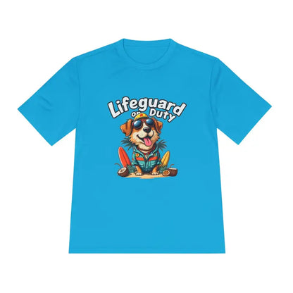 Blue lifeguard dog graphic unisex moisture-wicking T-shirt for beach lovers