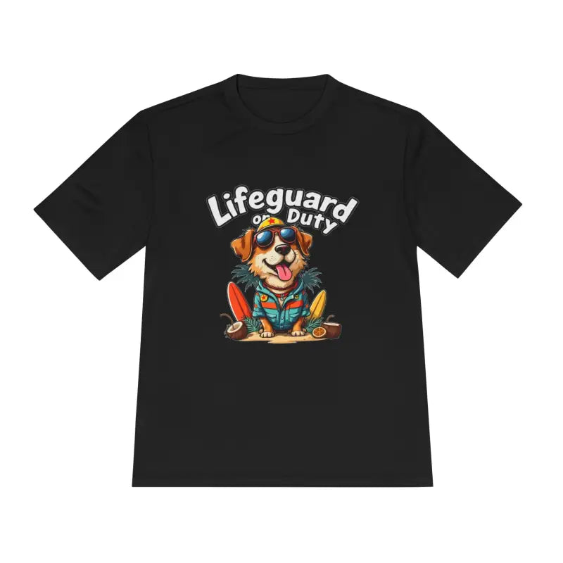 Black Lifeguard Dog graphic unisex moisture-wicking T-shirt for beach enthusiasts