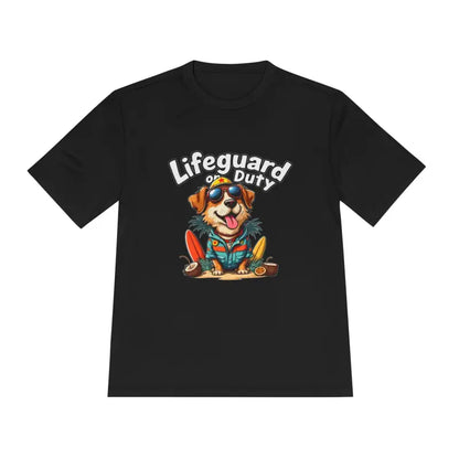 Black Lifeguard Dog graphic unisex moisture-wicking T-shirt for beach enthusiasts