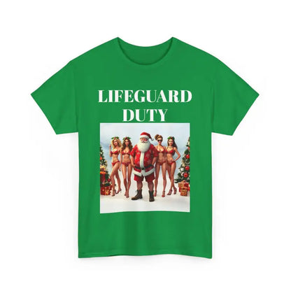Green Lifeguard Santa Unisex Tee featuring Santa and bikini-clad women graphic