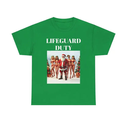 Green Lifeguard Santa Unisex Tee featuring Santa with bikini-clad women graphic