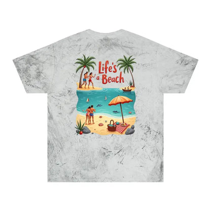 Tie-dye t-shirt featuring a vibrant beach scene, ideal for coastal relaxation wear