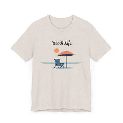 Beige Life’s a Beach Unisex Tee featuring a vibrant tropical beach scene design