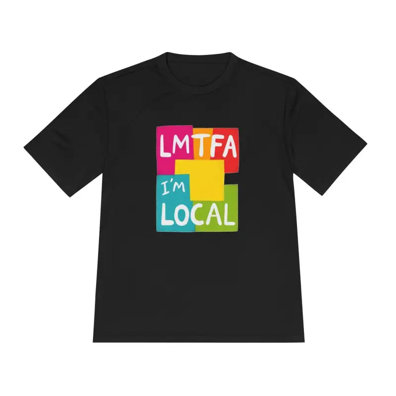 Black t-shirt featuring a vibrant graphic from Local Community Moisture Wicking collection