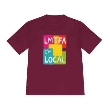 Maroon t-shirt with colorful graphic from Local Community Moisture Wicking collection