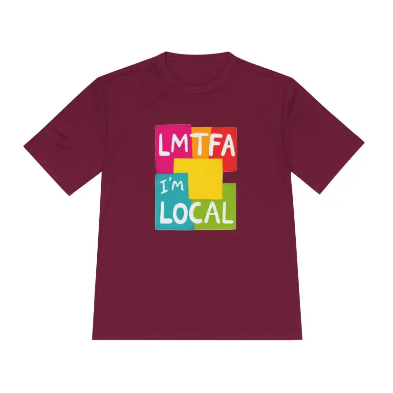Maroon t-shirt with colorful graphic from Local Community Moisture Wicking collection