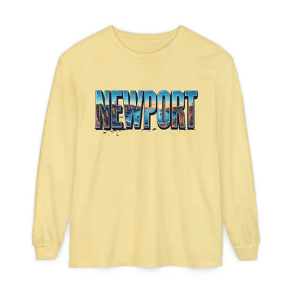 Yellow long-sleeved shirt featuring Newport graphic design for casual style
