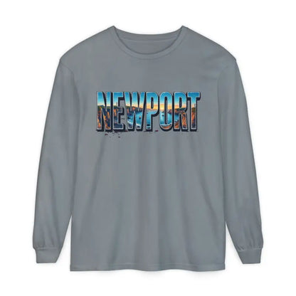 Gray long-sleeved shirt featuring Newport graphic for stylish casual wear