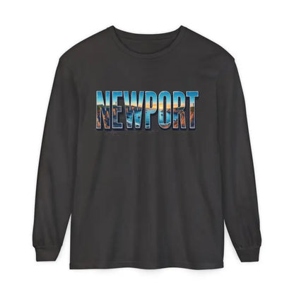 Gray long-sleeved shirt featuring Newport graphic for casual stylish wear
