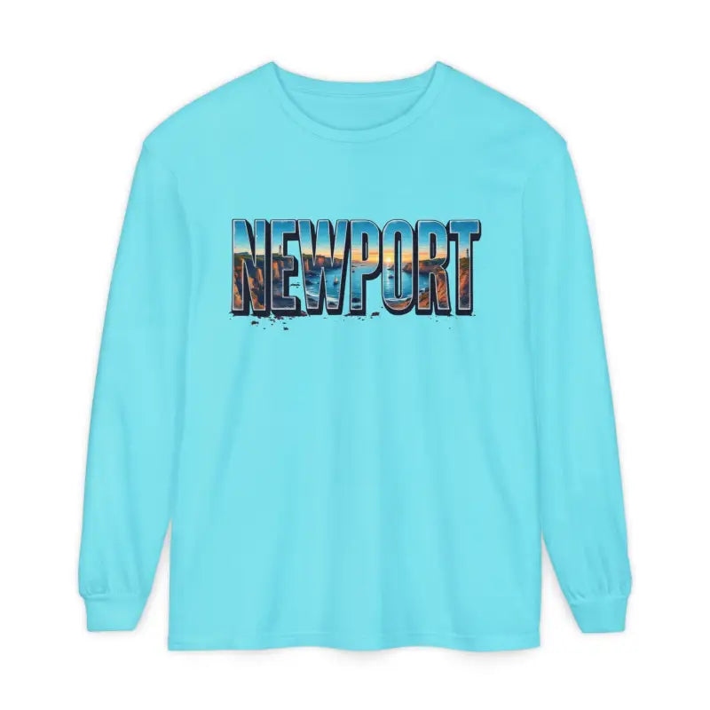 Aqua long-sleeved shirt featured in Yellow Long Sleeved Shirt with Newport Graphic