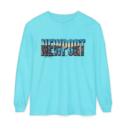 Aqua long-sleeved shirt featured in Yellow Long Sleeved Shirt with Newport Graphic