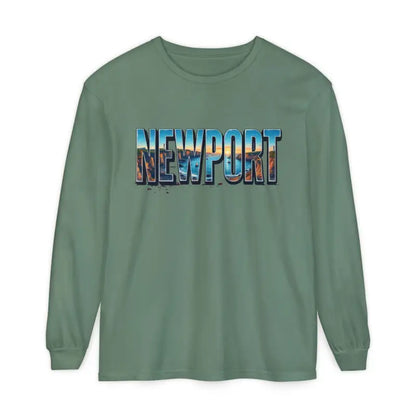 Green long-sleeved shirt featuring Newport graphic displayed in Yellow Long Sleeved Shirt