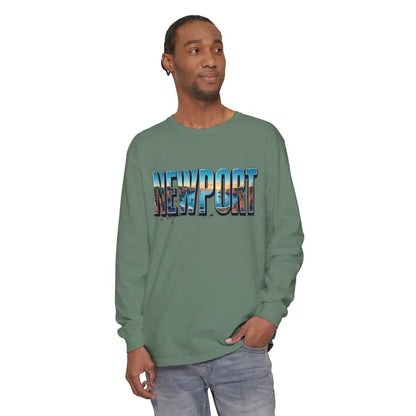 Green long-sleeved shirt featured in Yellow Long Sleeved Shirt with Newport Graphic
