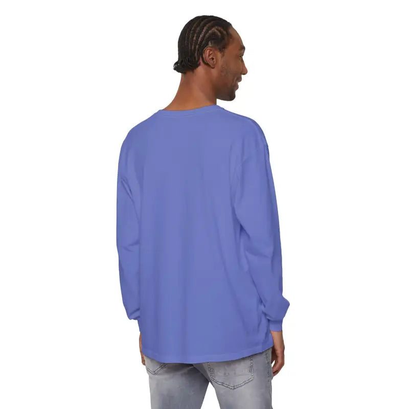 Periwinkle long-sleeved shirt displayed with Yellow Long Sleeved Shirt featuring Newport graphic