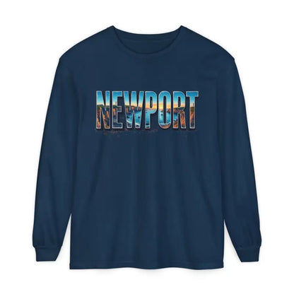 Navy long-sleeved shirt featuring Newport graphic for stylish casual wear