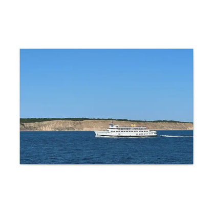 White passenger ferry M/V Anna C sailing off Block Island bluffs in scenic canvas print