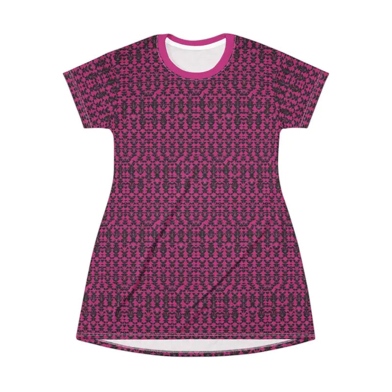 Magenta patterned T-shirt dress showcasing vibrant colors and stylish design
