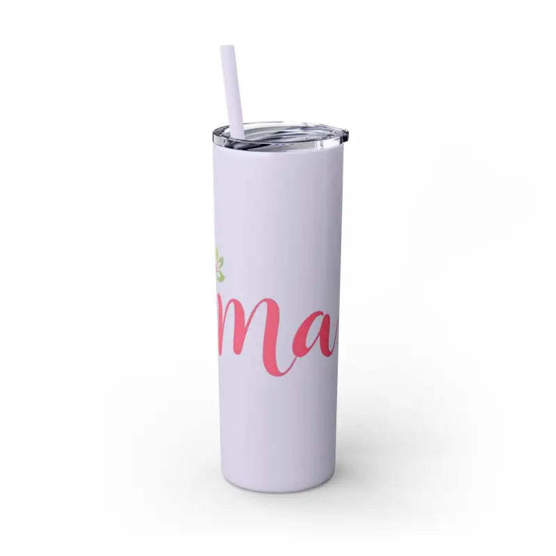 White 20oz Mama Tumbler with matching straw in glossy white and carnation pink