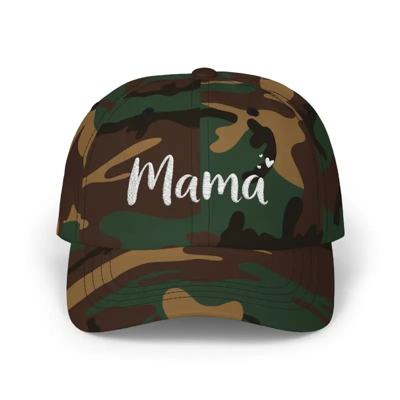 Camouflage Mama embroidered baseball cap displayed in beige dark blue and pink colors