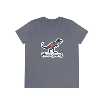 Gray T-shirt featuring a dinosaur graphic from Mama Saurus Rex Style collection