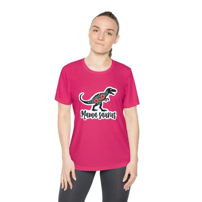 Pink t-shirt featuring Mama Saurus Rex design, perfect for quick-dry comfort