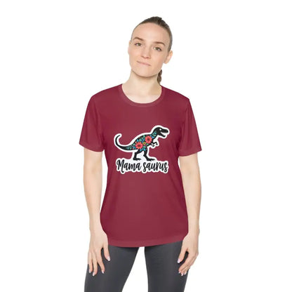 Maroon T-shirt featuring a dinosaur graphic from Mama Saurus Rex Style Quick Dry collection