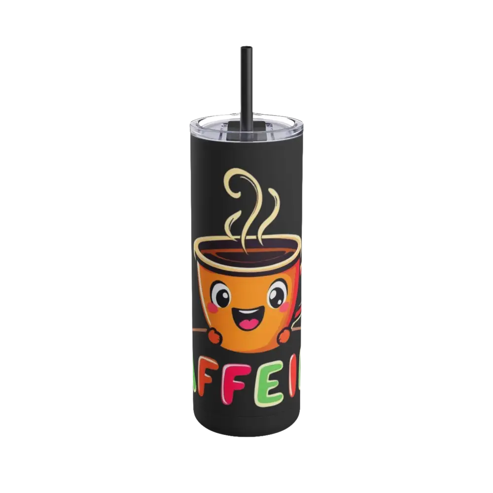 Black Matte 20oz Insulated Cartoon Coffee Tumbler with playful coffee cup design