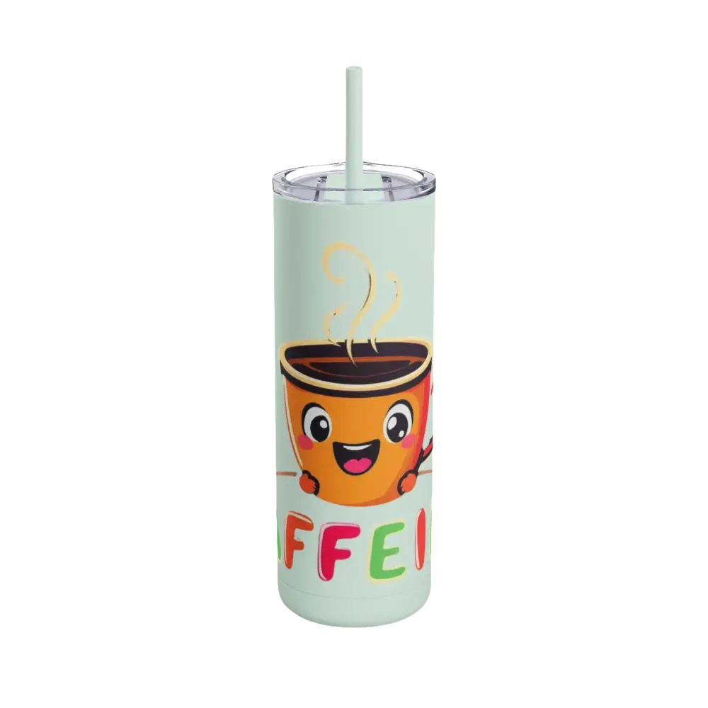 Mint green tumbler featuring a cartoon coffee cup design for stylish beverage enjoyment