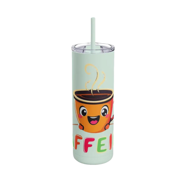 Mint green tumbler featuring a cartoon coffee cup design for stylish beverage enjoyment