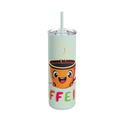 Mint green tumbler featuring a cartoon coffee cup design for stylish beverage enjoyment