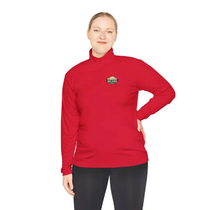 Red long-sleeved athletic shirt featured in Men Simple Block Island Quarter Zip Pullover