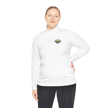 White long-sleeved athletic shirt featured in Men Simple Block Island Quarter Zip Pullover