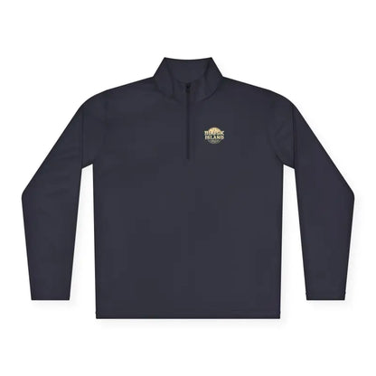 Navy blue quarter-zip pullover from Men Simple Block Island Collection in Gray White Blue