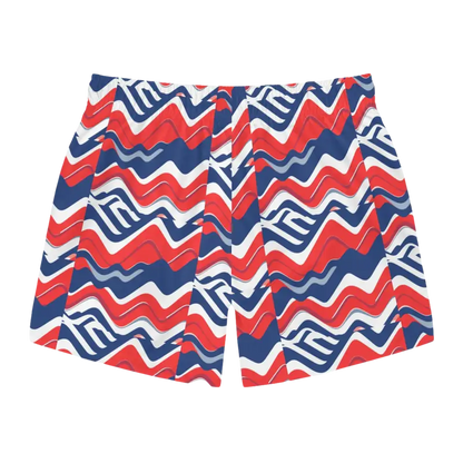 Men’s Red White Blue Patterned Swim Trunks with a vibrant patriotic design